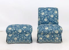 Blue Floral Print Upholstered Chair & Ottoman