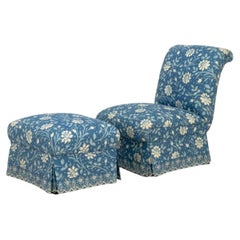 Blue Floral Print Upholstered Chair & Ottoman