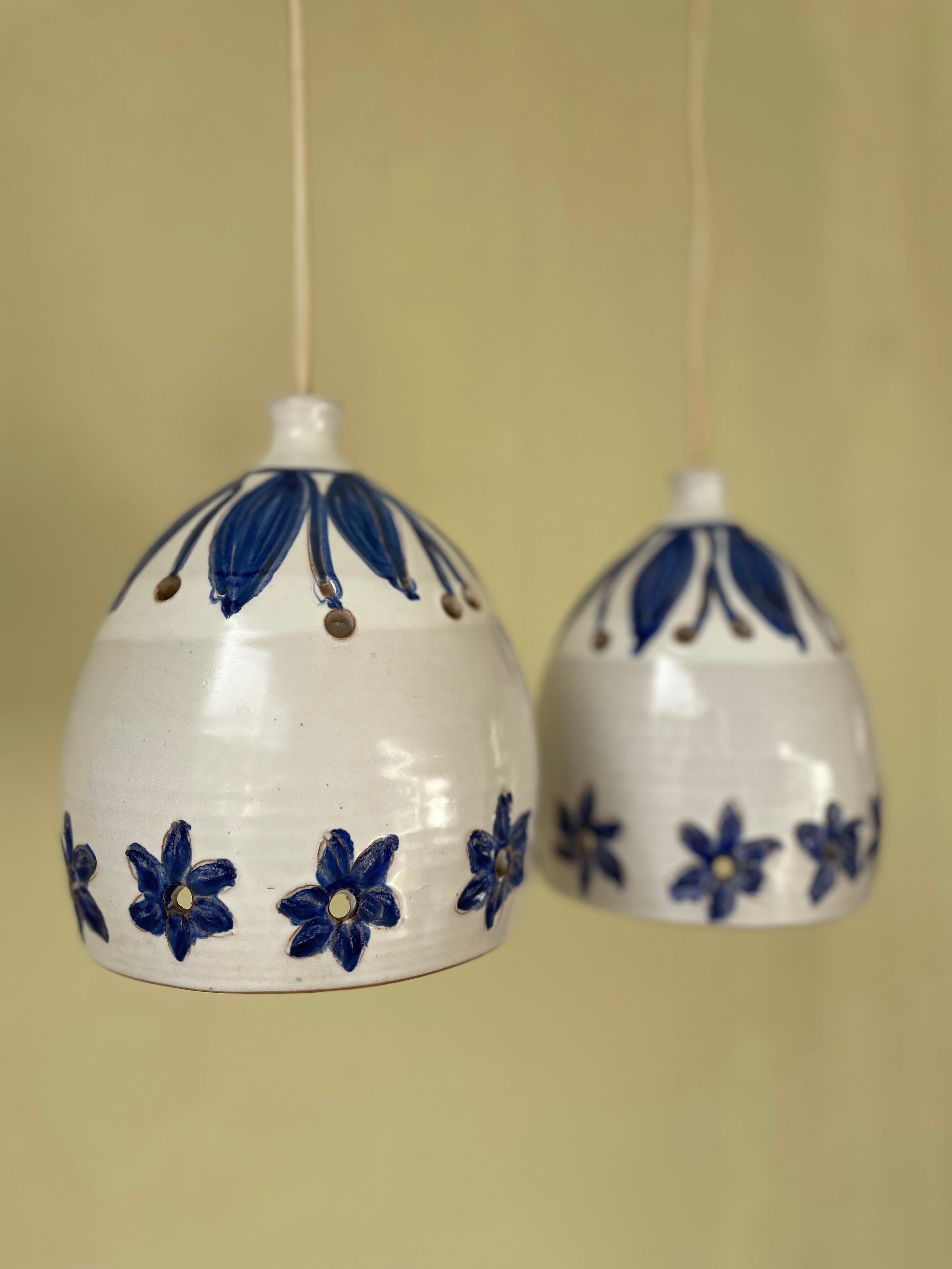 Blue Floral White Ceramic Pendants, Denmark, 1960s For Sale 7