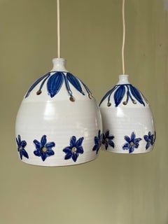 Two Blue Floral White Ceramic Pendants, Denmark, 1960s