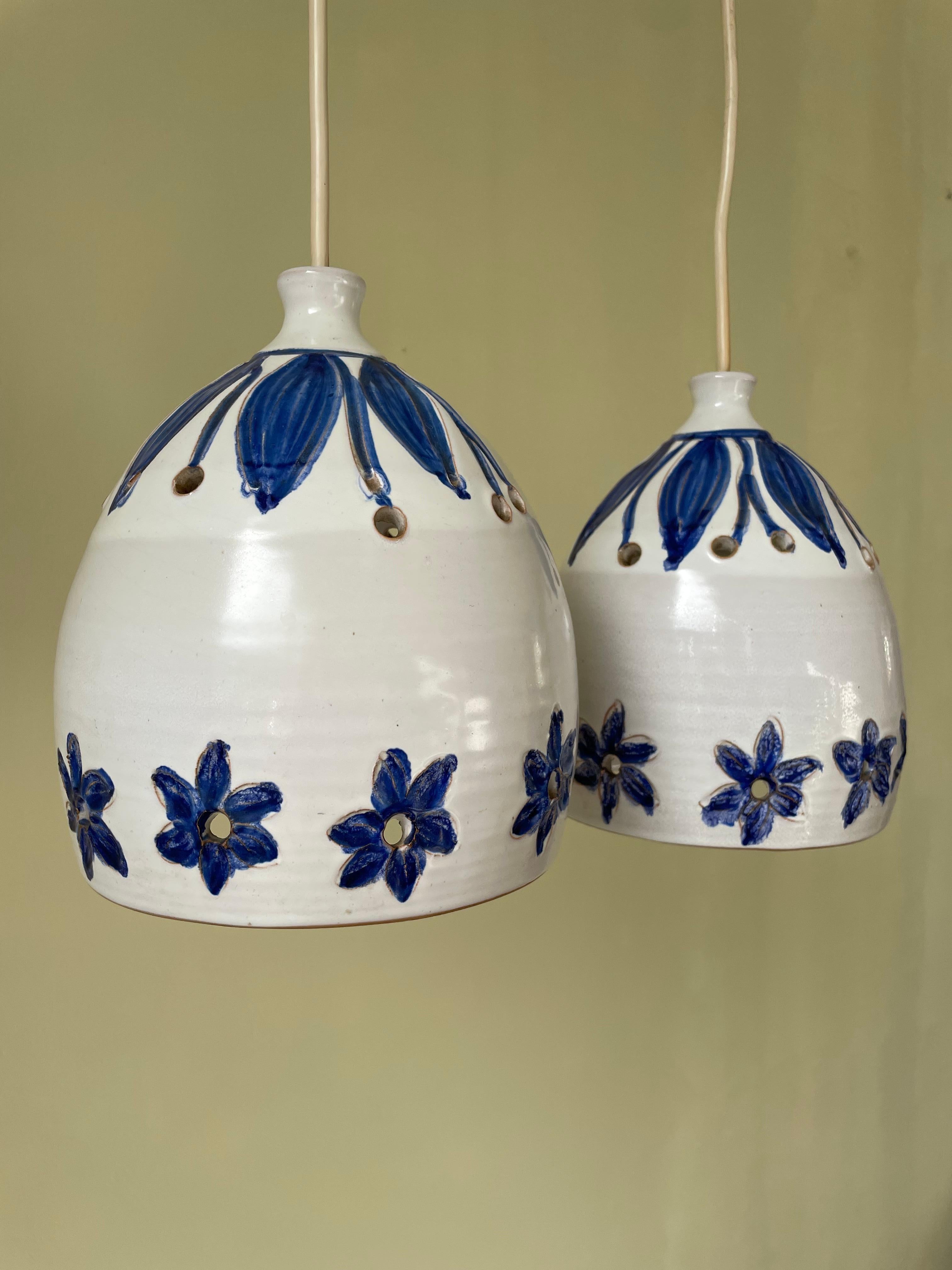 Mid-Century Modern Blue Floral White Ceramic Pendants, Denmark, 1960s For Sale