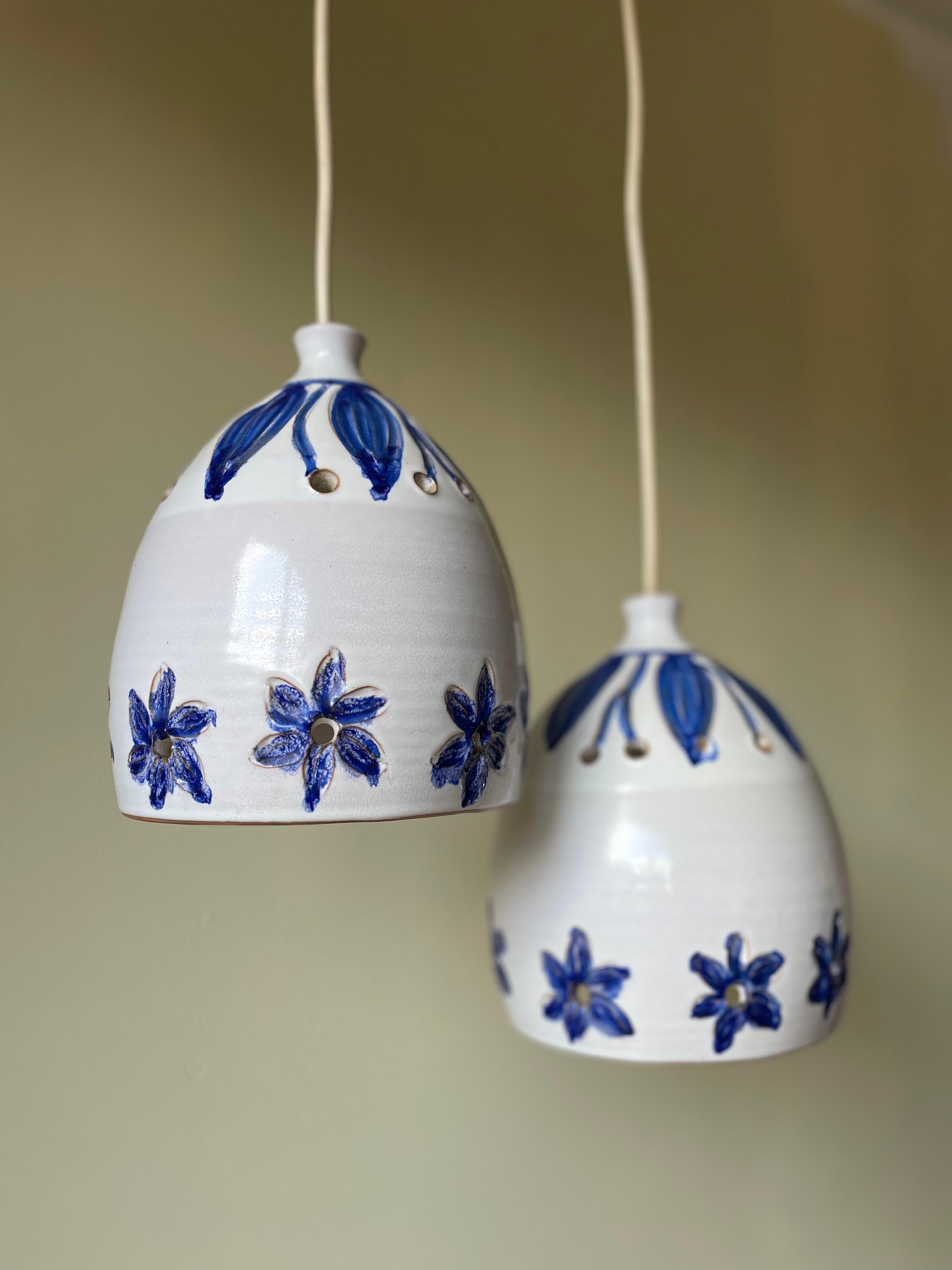 Glazed Blue Floral White Ceramic Pendants, Denmark, 1960s For Sale