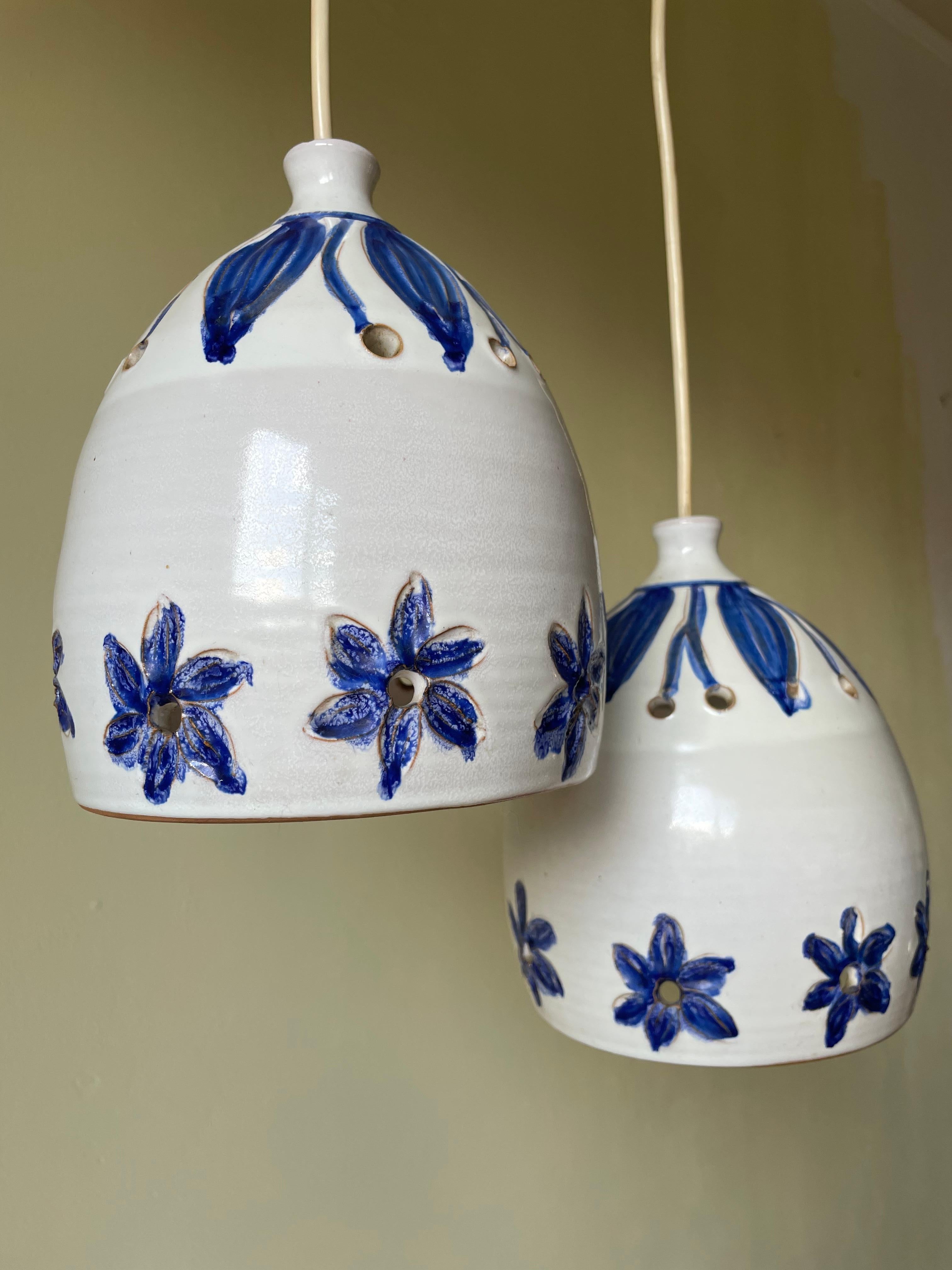 Blue Floral White Ceramic Pendants, Denmark, 1960s In Good Condition For Sale In Copenhagen, DK