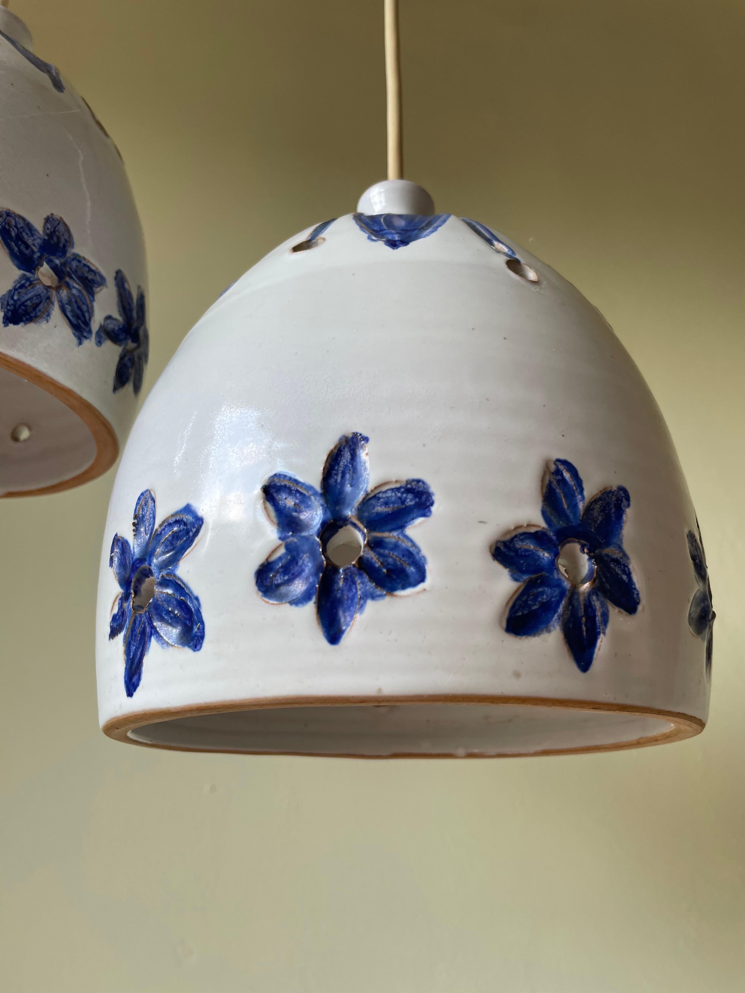 Blue Floral White Ceramic Pendants, Denmark, 1960s For Sale 1
