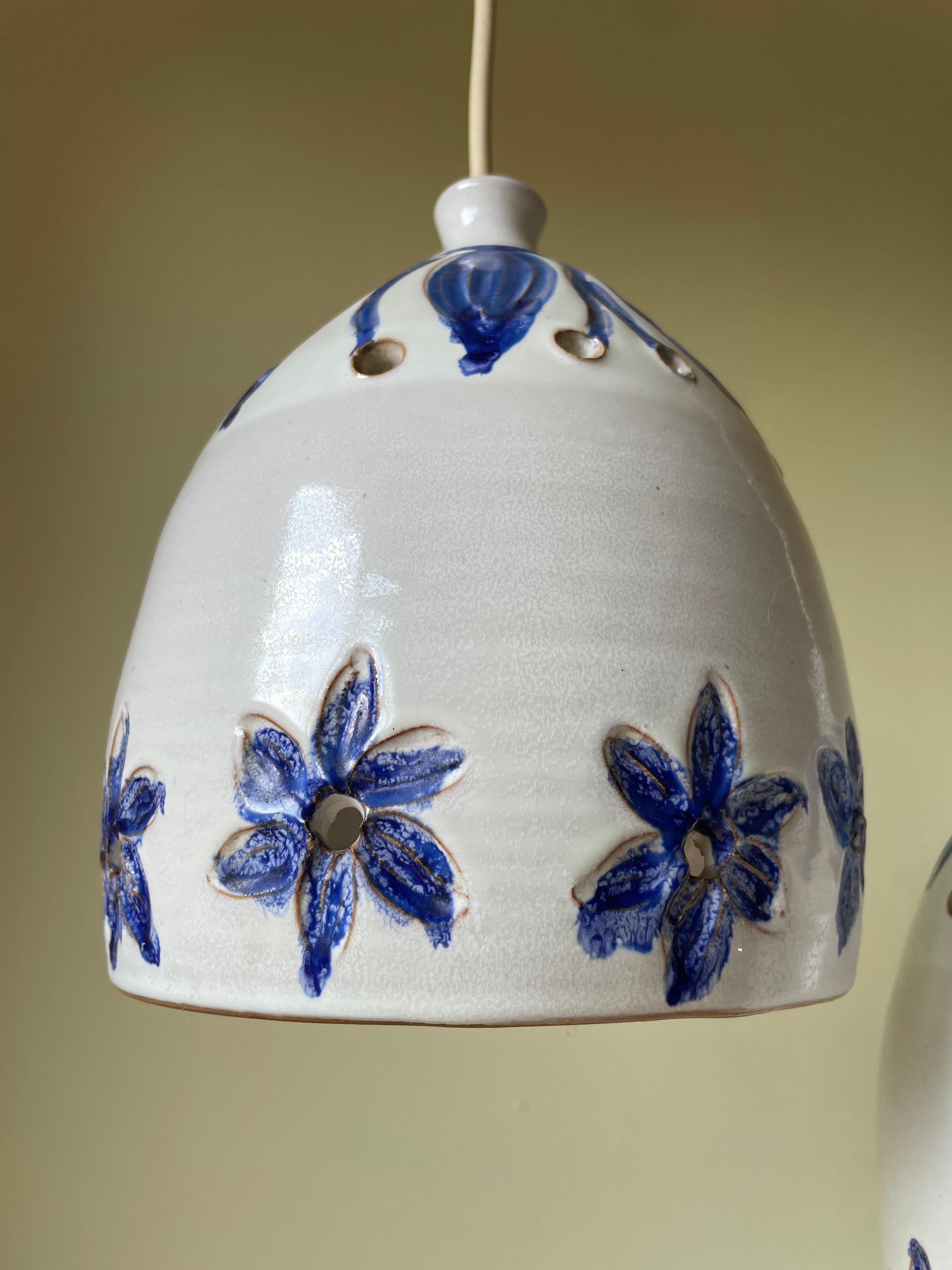 Blue Floral White Ceramic Pendants, Denmark, 1960s For Sale 2