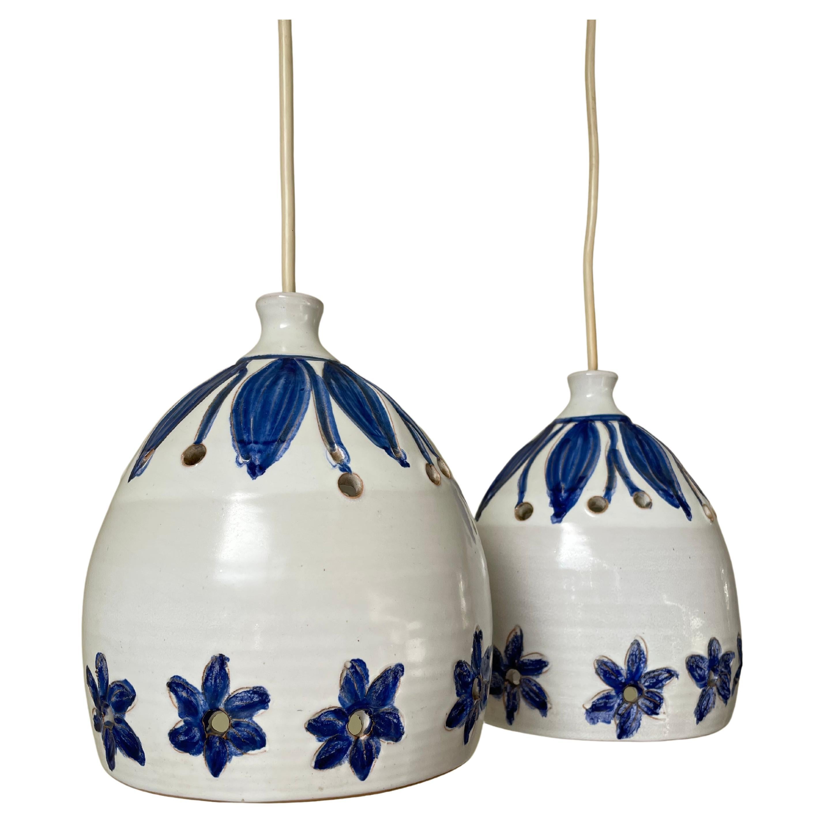 Blue Floral White Ceramic Pendants, Denmark, 1960s For Sale