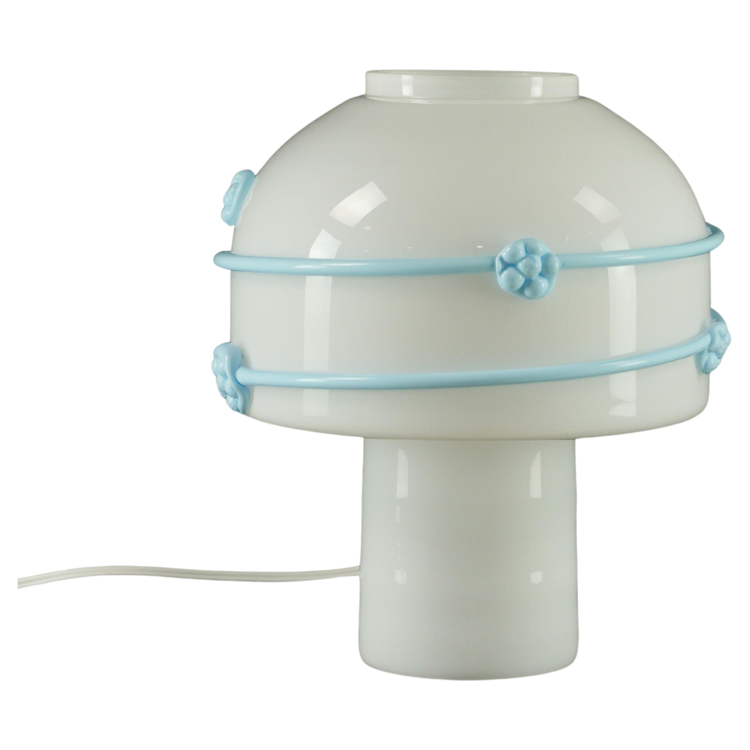 Blue Floral White Mushroom Murano Glass Table Lamp For Sale
