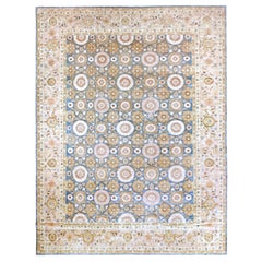 Blue Floral Wool Area Rug with Pink and Gold