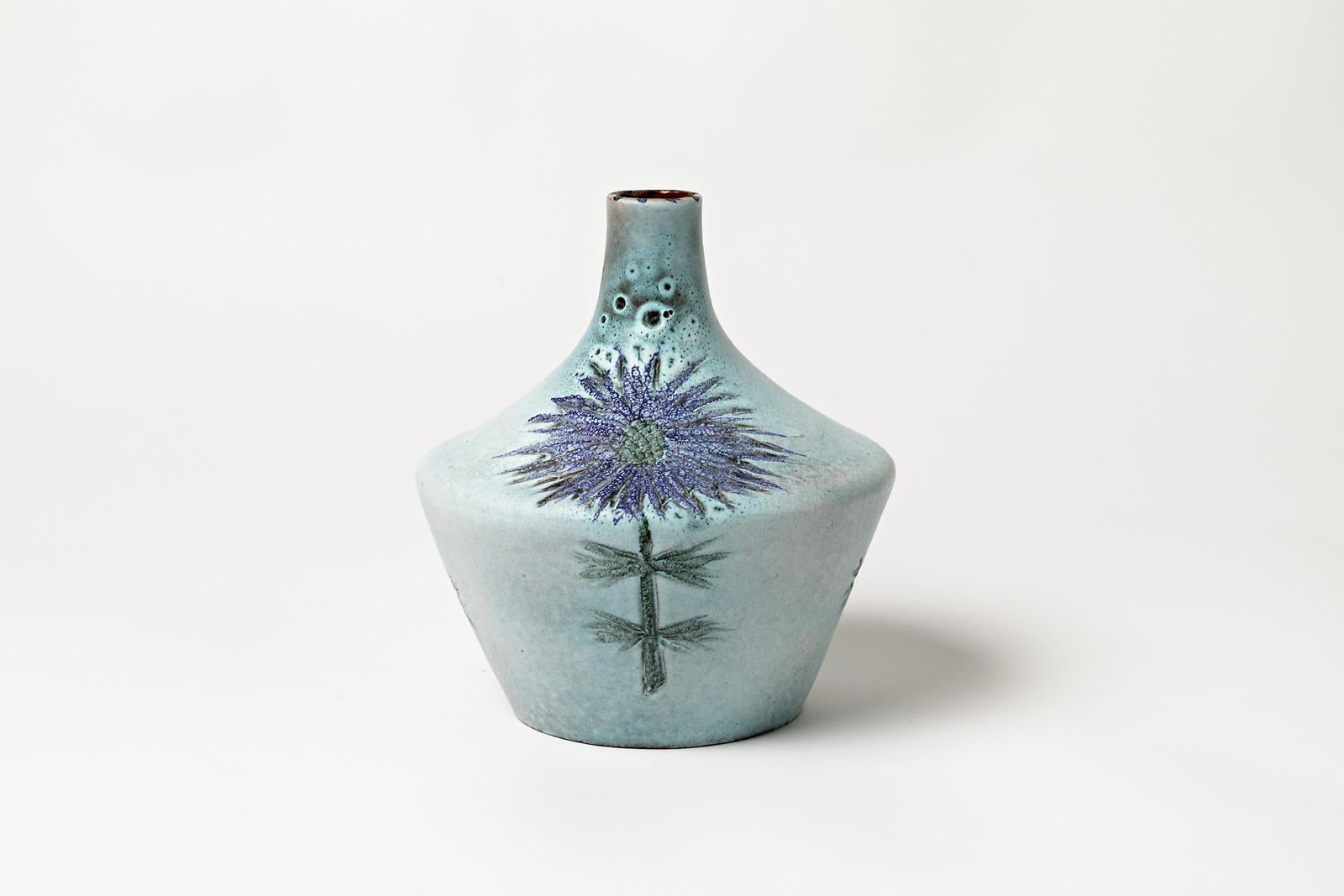 Blue Flower Ceramic Vase Colored Pottery Thistle Decoration by MM Jolly In Excellent Condition For Sale In Neuilly-en- sancerre, FR