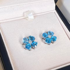 Blue Flower Earrings & Diamond - 18K Solid Gold (Substancial Gold Content)