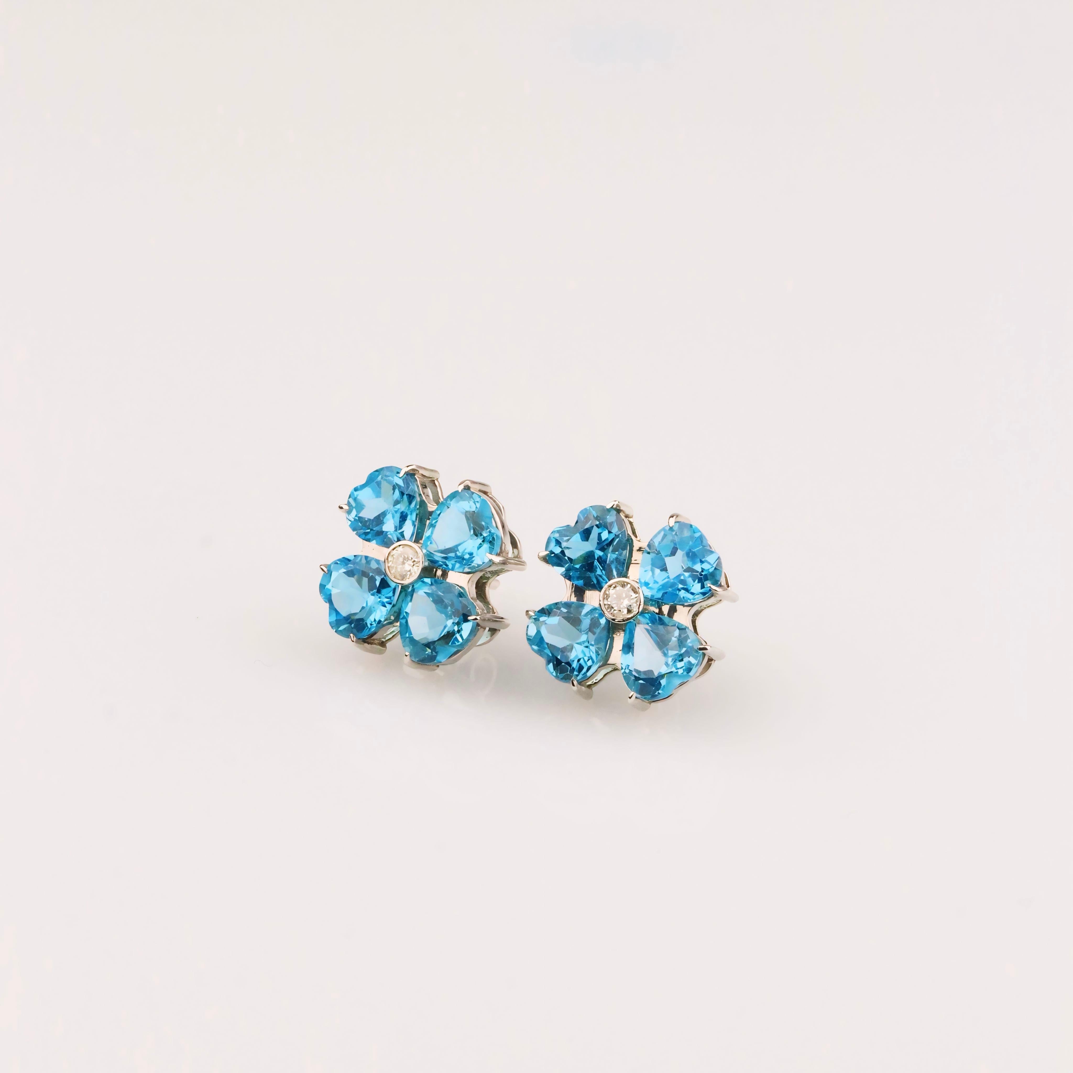 Women's Blue Flower Earrings & Diamond - 18K Solid White Gold - Swiss Topaz For Sale