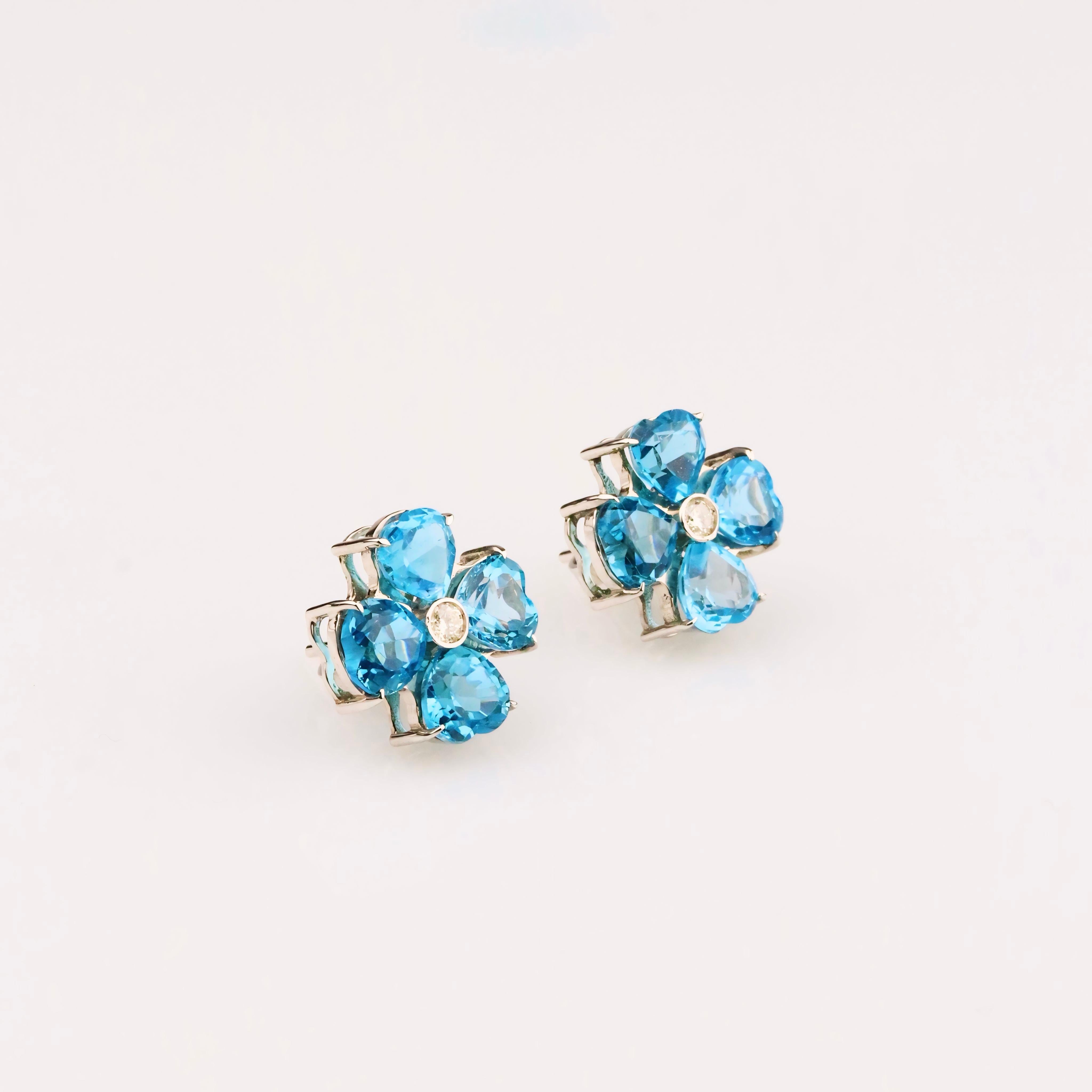 Blue Flower Earrings & Diamond - 18K Solid White Gold - Swiss Topaz For Sale 2