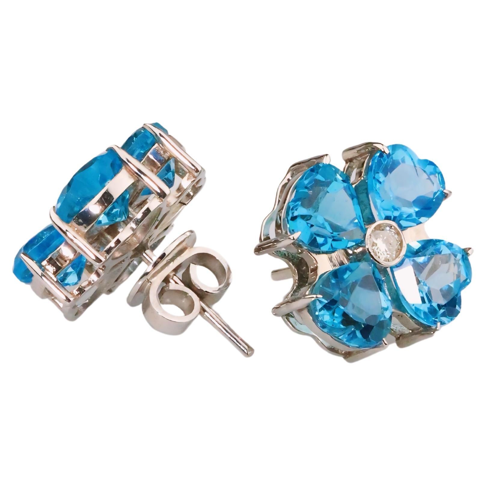 Blue Flower Earrings & Diamond - 18K Solid White Gold - Swiss Topaz