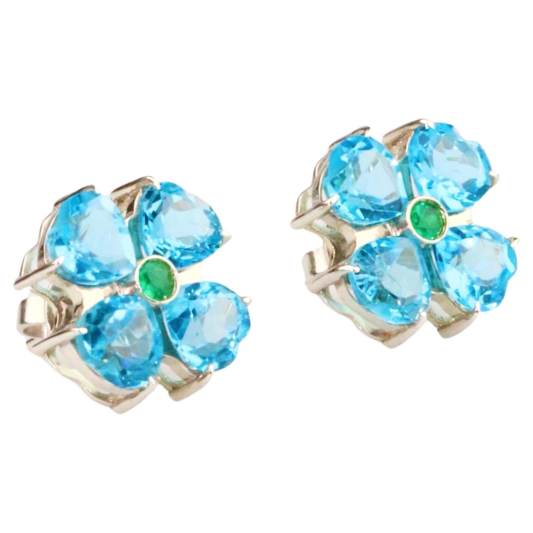 Blue Flower Earrings & Emerald - 18K Solid White Gold