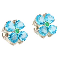 Blue Flower Earrings & Emerald - 18K Solid White Gold