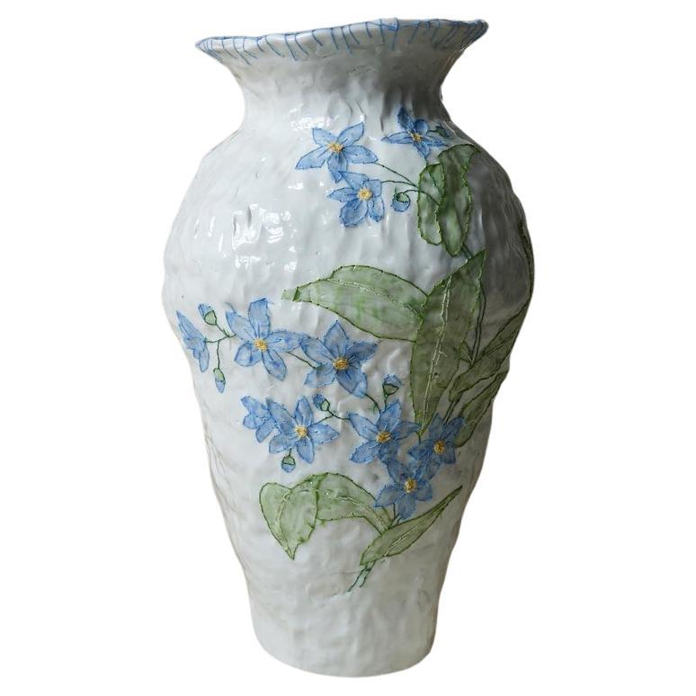 Blue Flower Emboridery Vase by Caroline Harrius For Sale