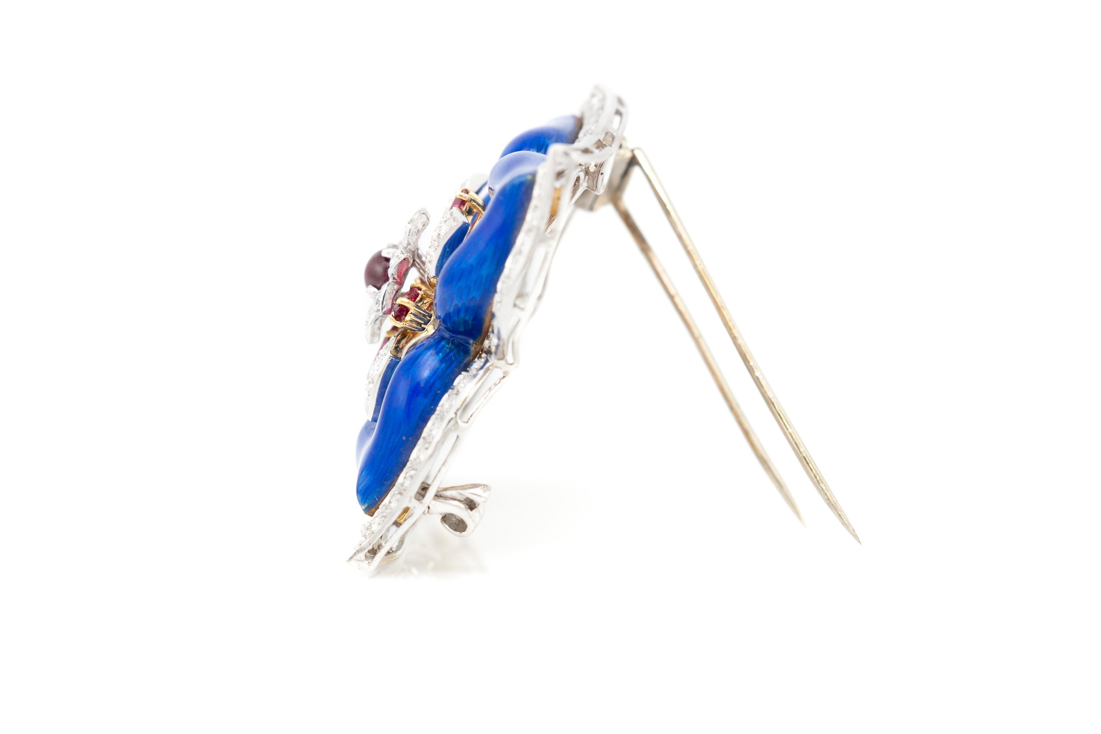 Women's or Men's Blue Flower Enamel and Diamond Pin
