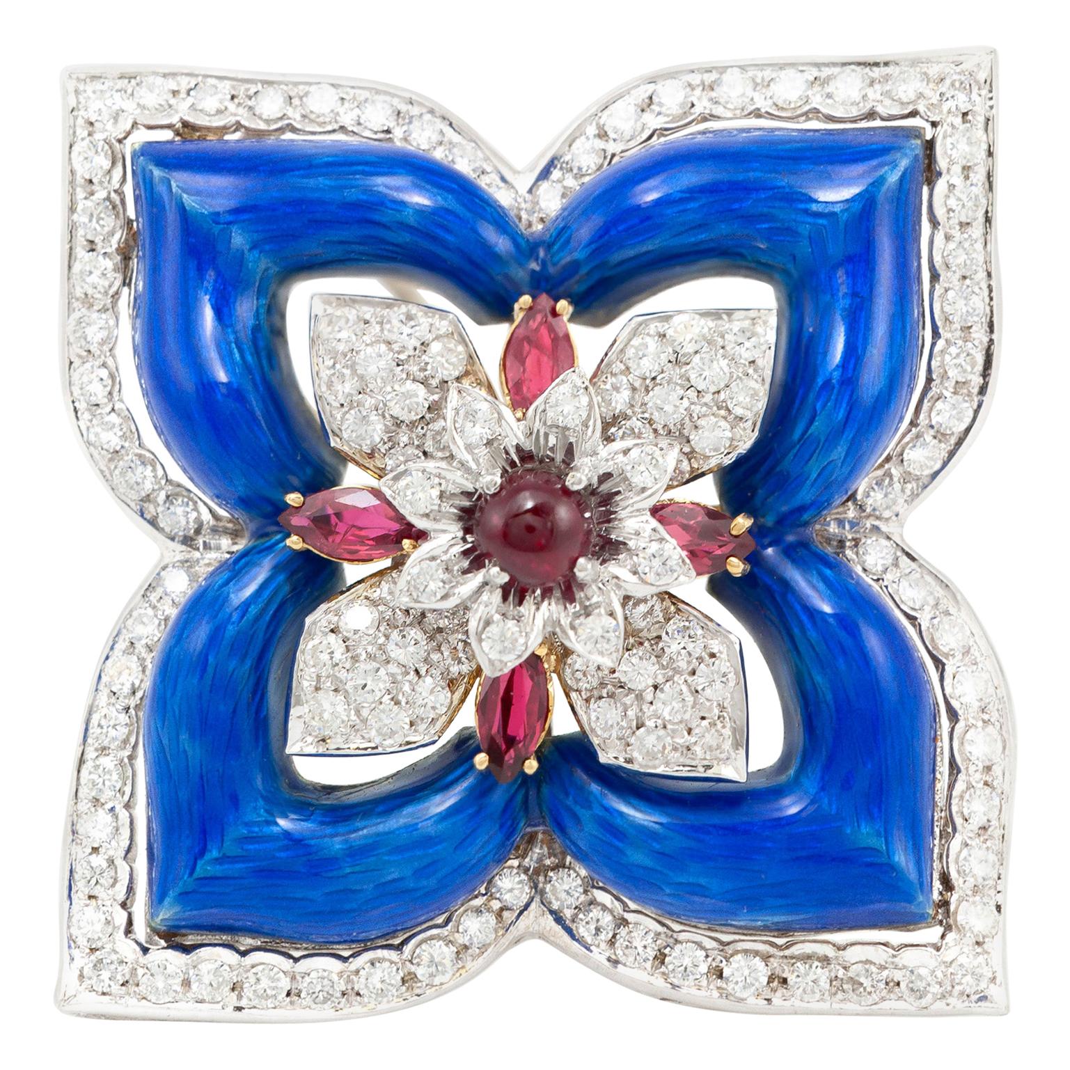 Blue Flower Enamel and Diamond Pin