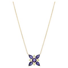 Blue Flower Lavalier Pendant Necklace in 18Kt Yellow Gold with Iolites Peridots
