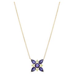 Collier pendentif Lavalier à fleur bleue en or jaune 18 carats avec péridots d'Iolites