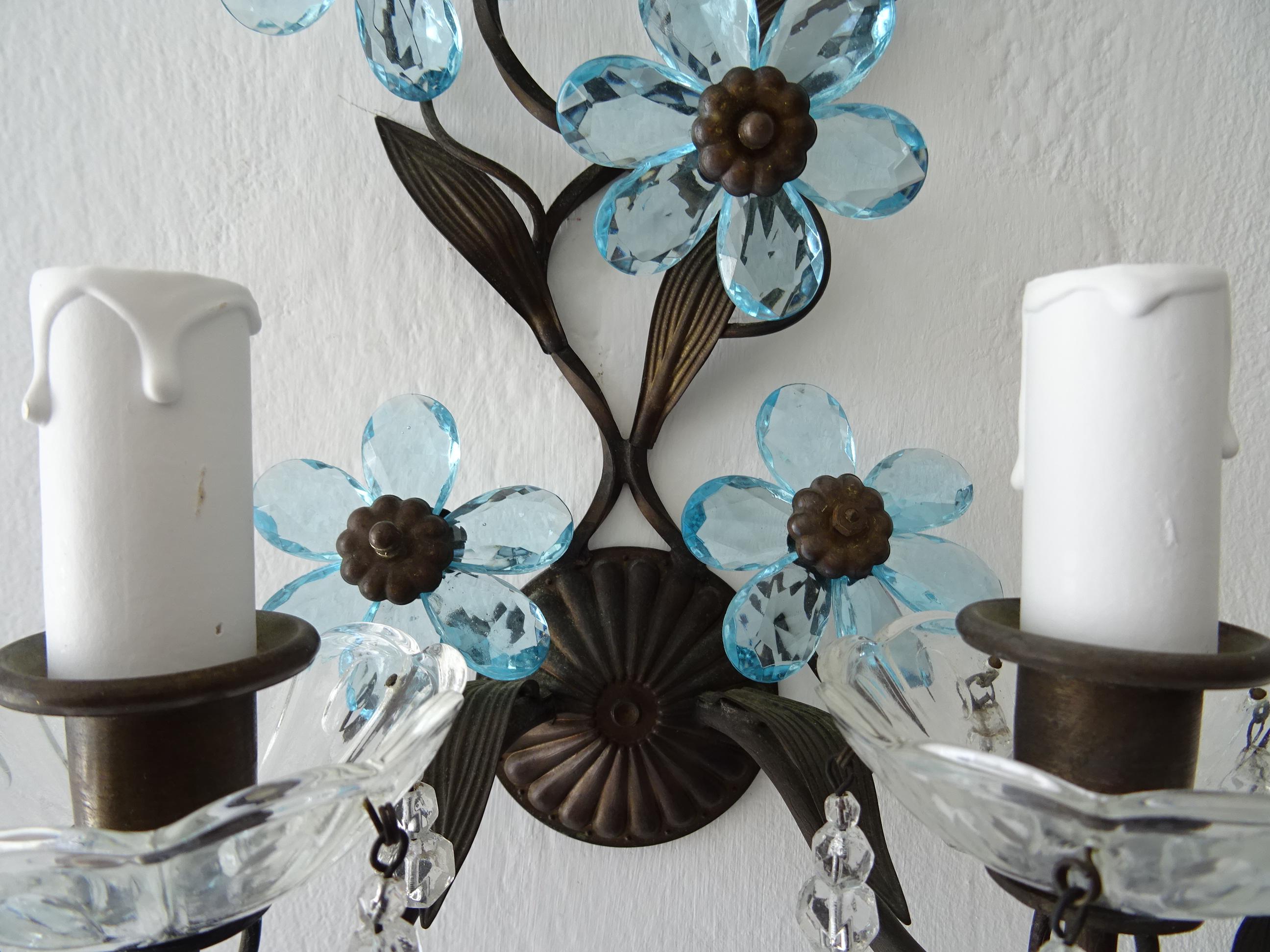 Blue Flower Maison Baguès Crystal Flower Sconces Signed, circa 1920 4