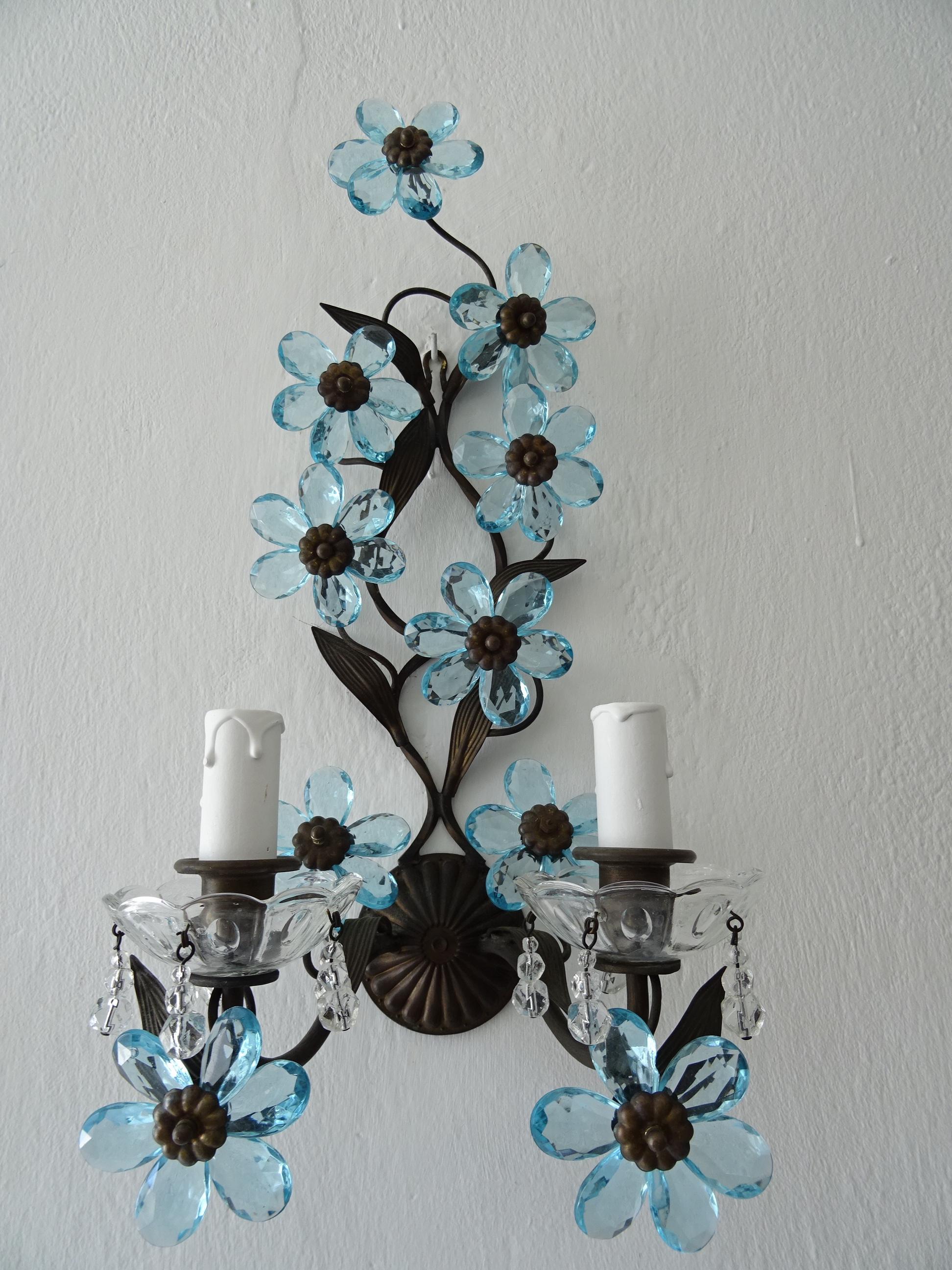 Early 20th Century Blue Flower Maison Baguès Crystal Flower Sconces Signed, circa 1920