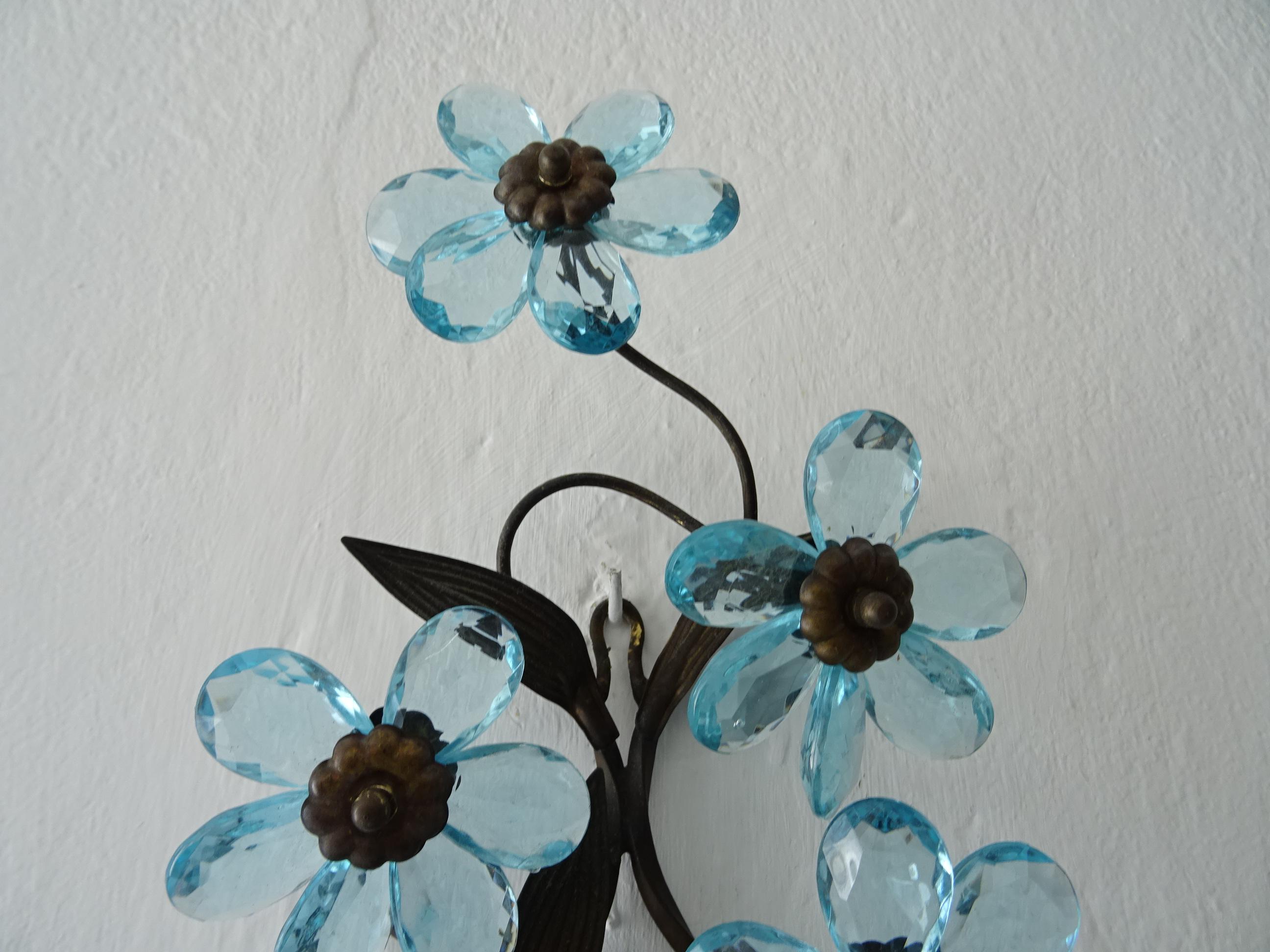 Blue Flower Maison Baguès Crystal Flower Sconces Signed, circa 1920 2