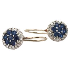 Blue Flower Sapphire Diamond Halo Drop Hook Earrings 14k White Gold