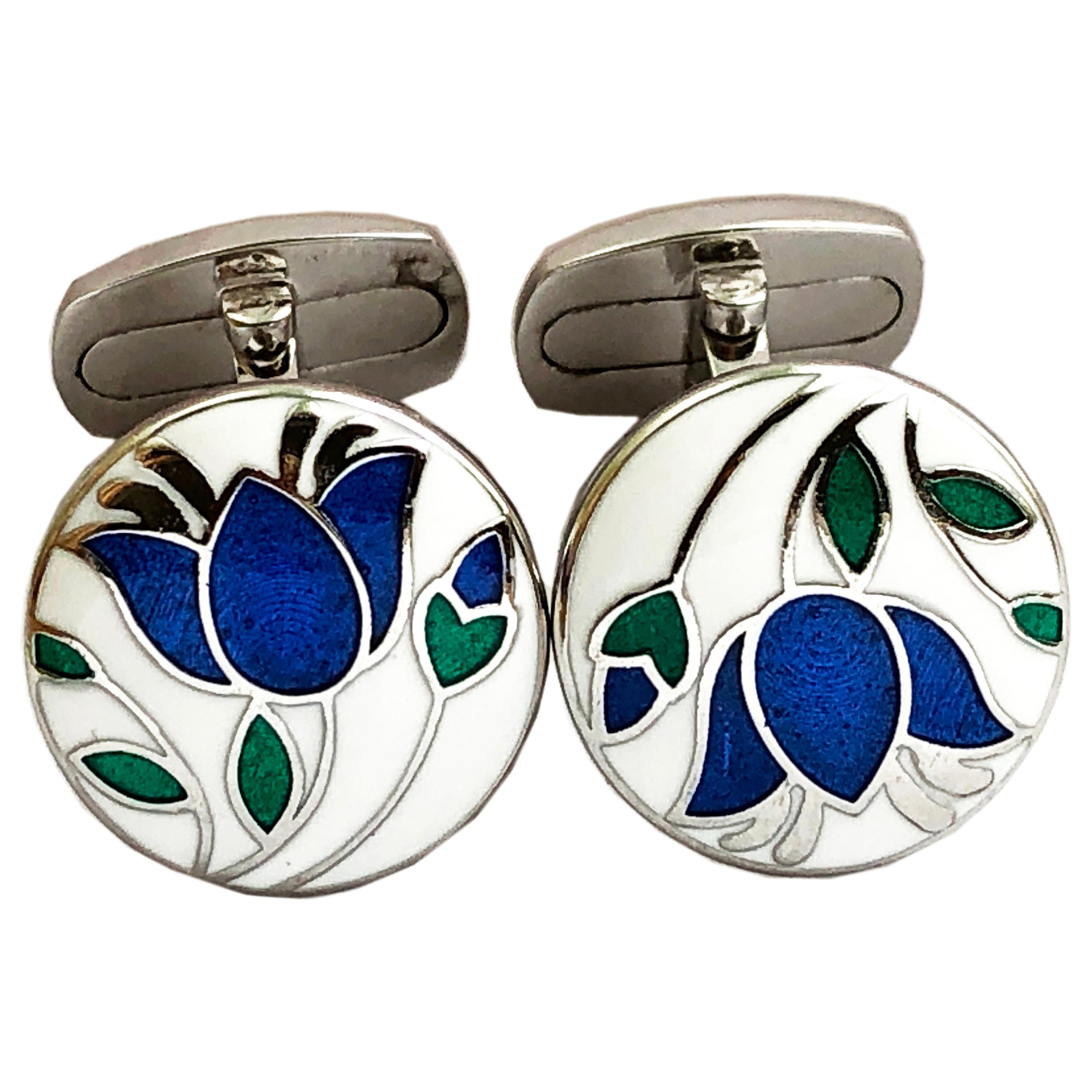 Berca Blue Flower White Setting Enameled Sterling Silver T-Bar Back Cufflinks