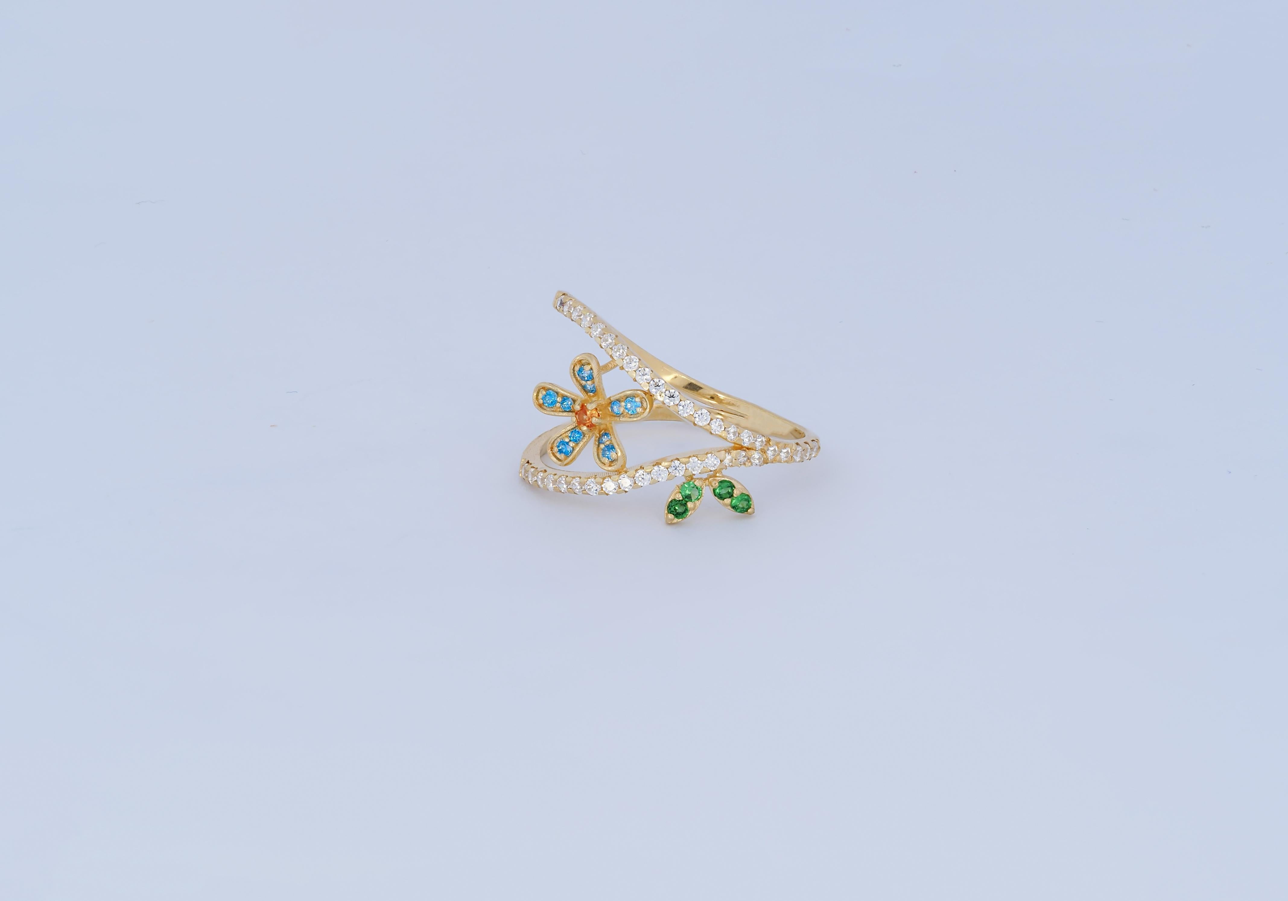 in vendita:  Anello con fiore blu e foglie in oro 14k 2