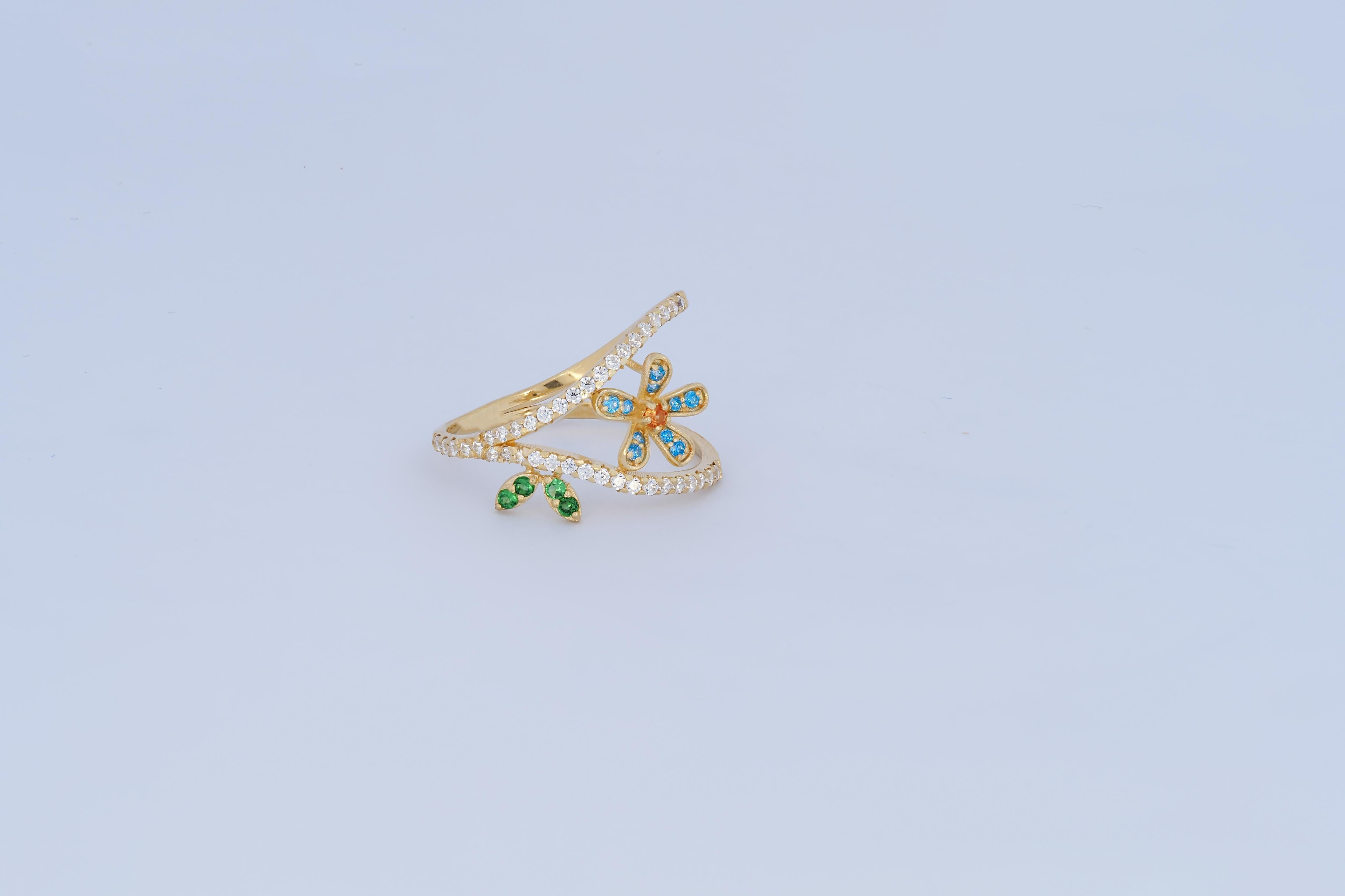 in vendita:  Anello con fiore blu e foglie in oro 14k 3