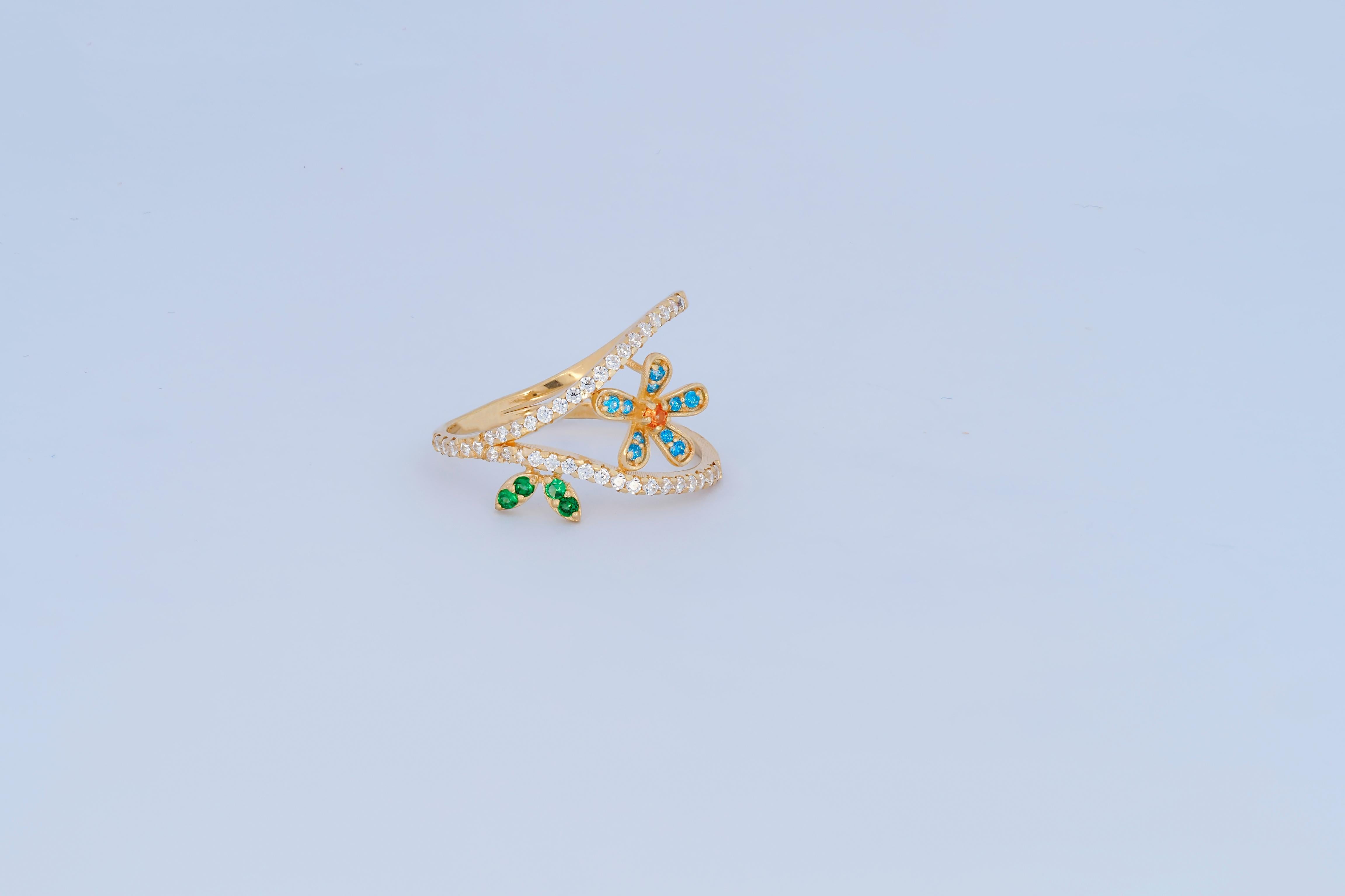 En vente :  Bague en or 14k Fleur bleue avec feuilles. 4