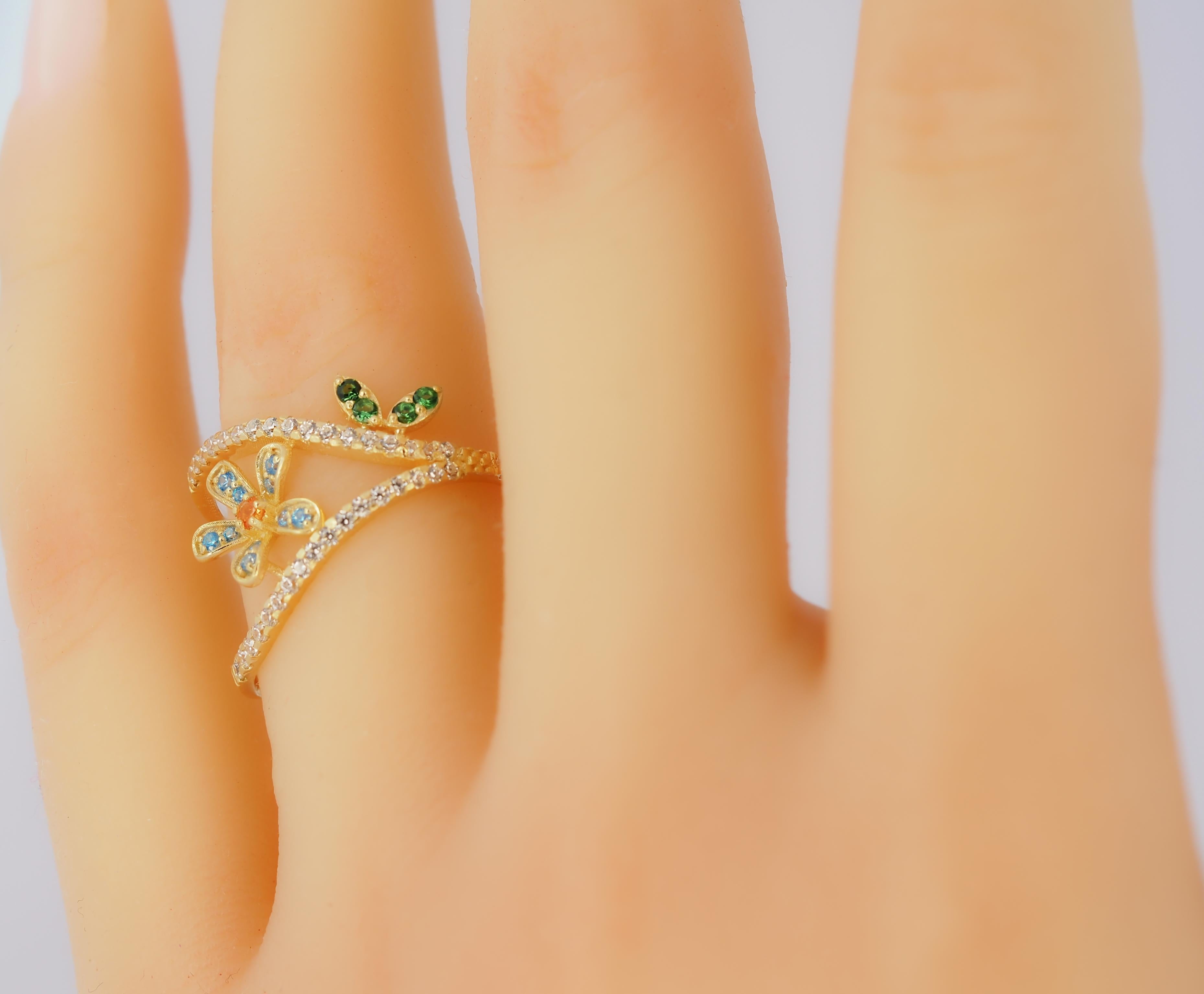 in vendita:  Anello con fiore blu e foglie in oro 14k 4