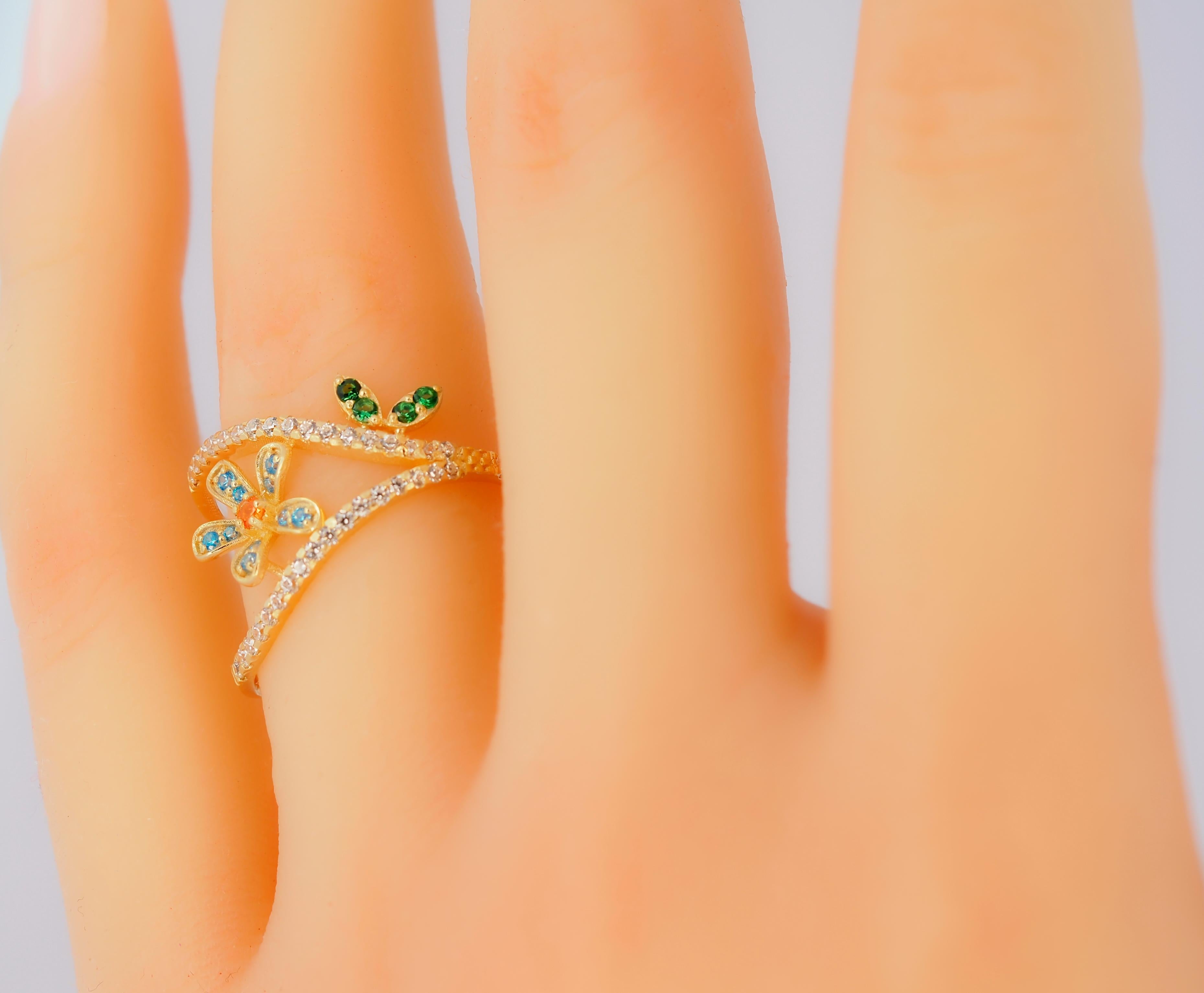 For Sale:  Blue Flower with leaves 14k gold ring. 5