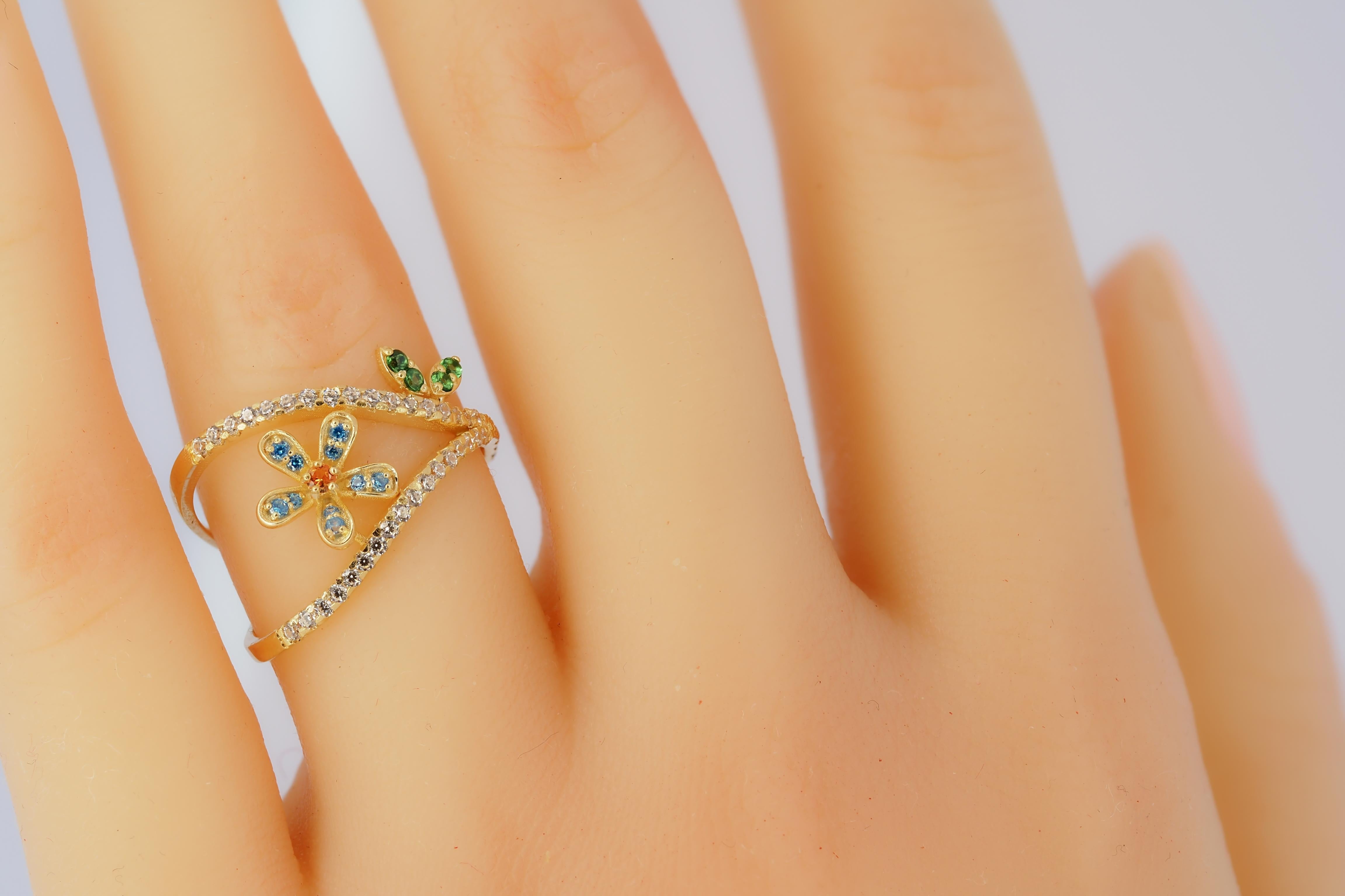 in vendita:  Anello con fiore blu e foglie in oro 14k 5