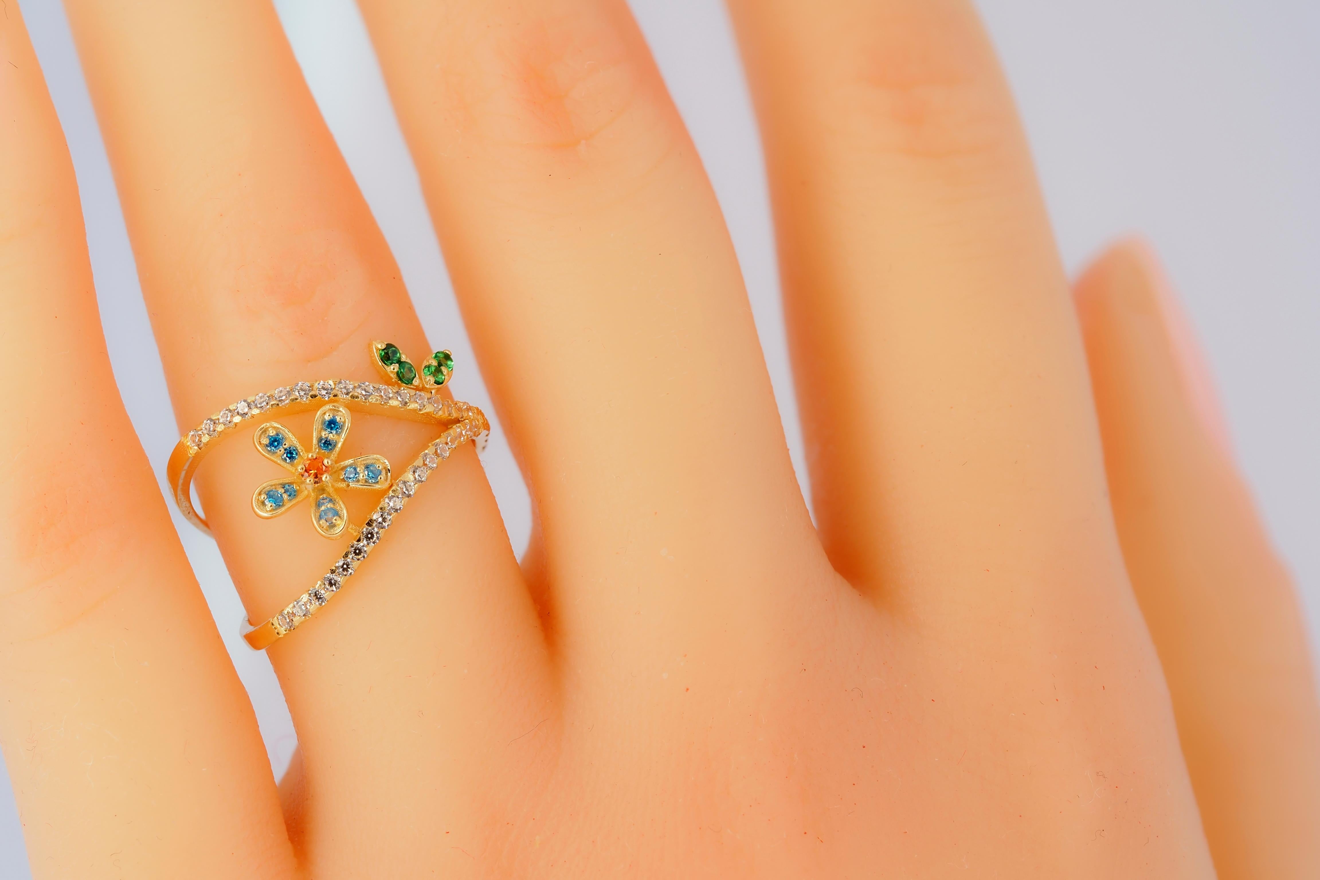 En vente :  Bague en or 14k Fleur bleue avec feuilles. 6