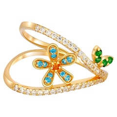 Blue flower with leaves 14k gold ring