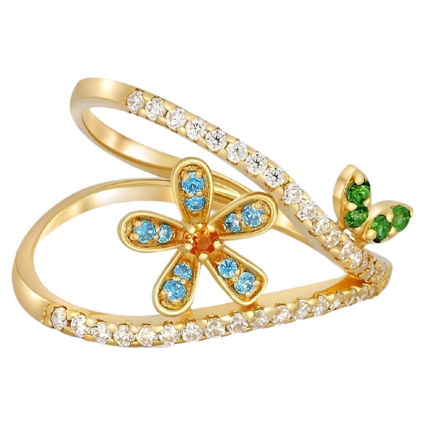 Blue Flower with leaves 14k gold ring