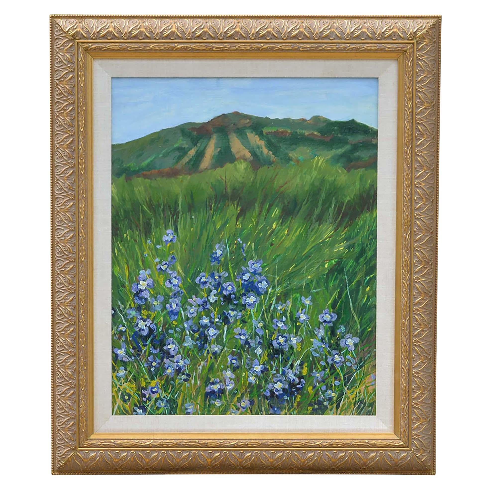 Blue Flowers Landscape Painting Signed For Sale