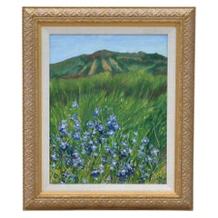 Blue Flowers Landscape Painting Signed