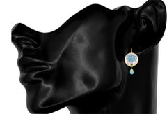 Blue Flowers Painted Mother of Pearl Earrings with Topaz Briolette