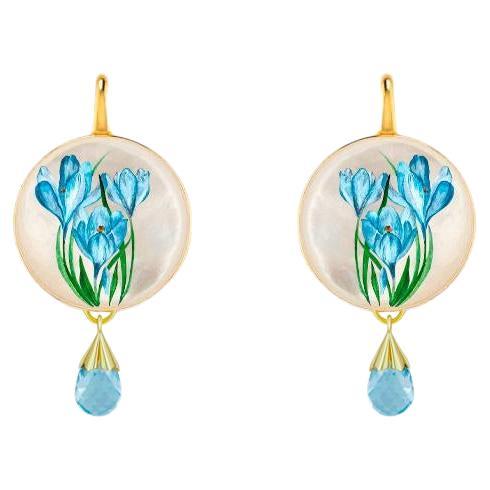 Blaue Blumen gemalt Perlmutt Ohrringe mit Topas Briolette