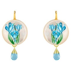 Blaue Blumen gemalt Perlmutt Ohrringe mit Topas Briolette