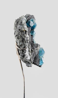Blue Fluorite Crystal in Bronze Stand