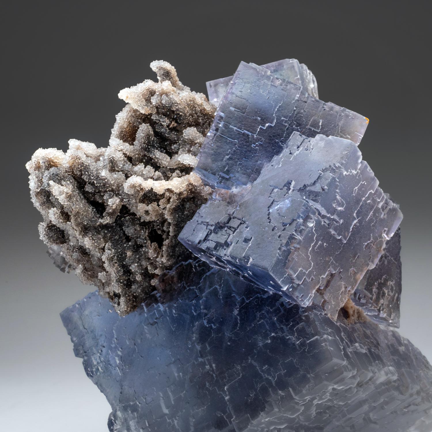 From Xianghualing Cassiterite Mine, 32 km north of Linwu, Hunan Province, China


Large, museum-quality, cubic transparent blue fluorite crystals with grey druzy crystals. The fluorite crystals are cubo-octahedral form.


Weight: 5.5 lbs,