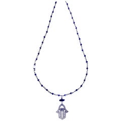 Diamond Hamsa Blue Fortune Lapis Necklace 