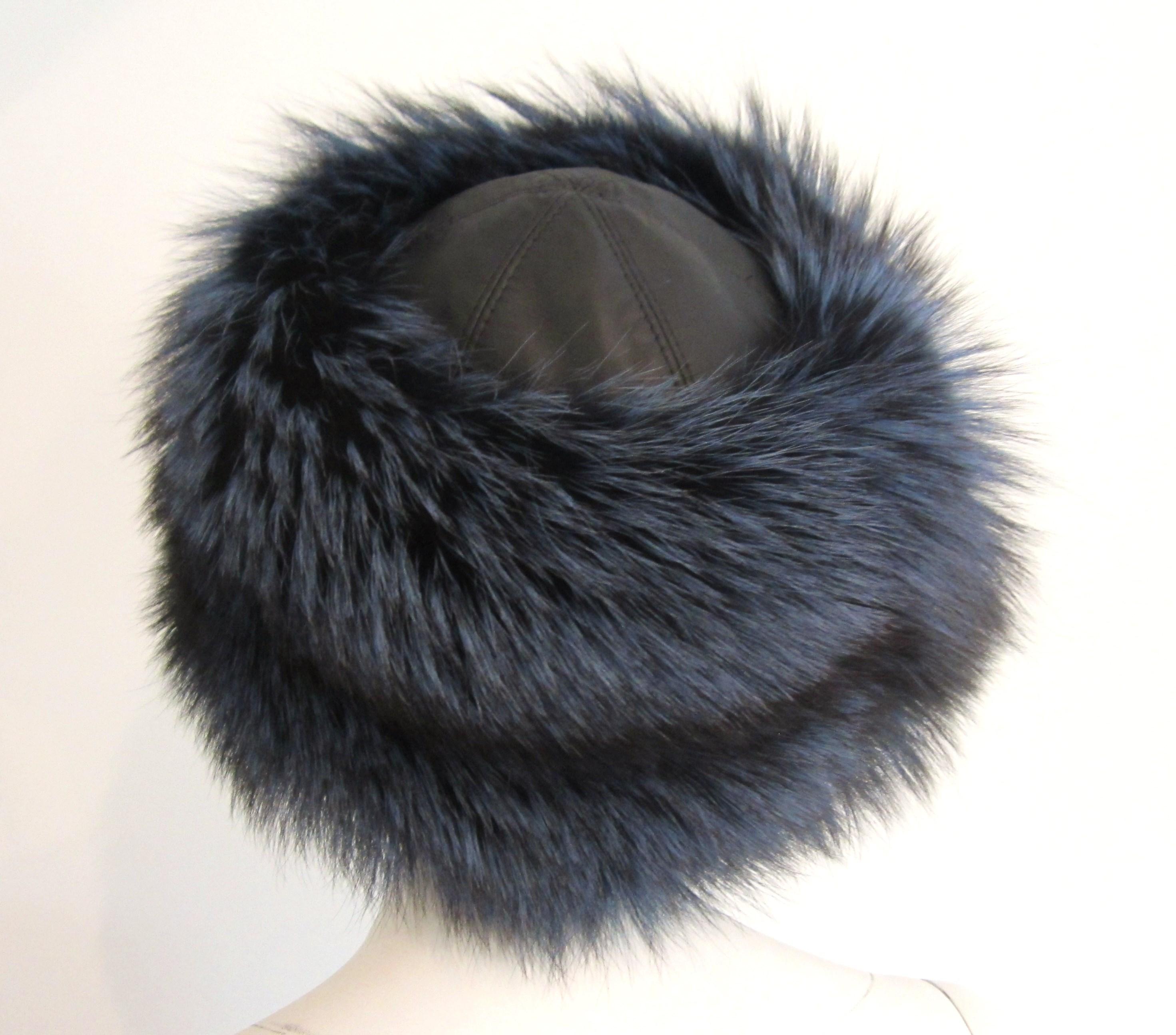Black Blue Fox & Leather Hat  Lafuria  For Sale