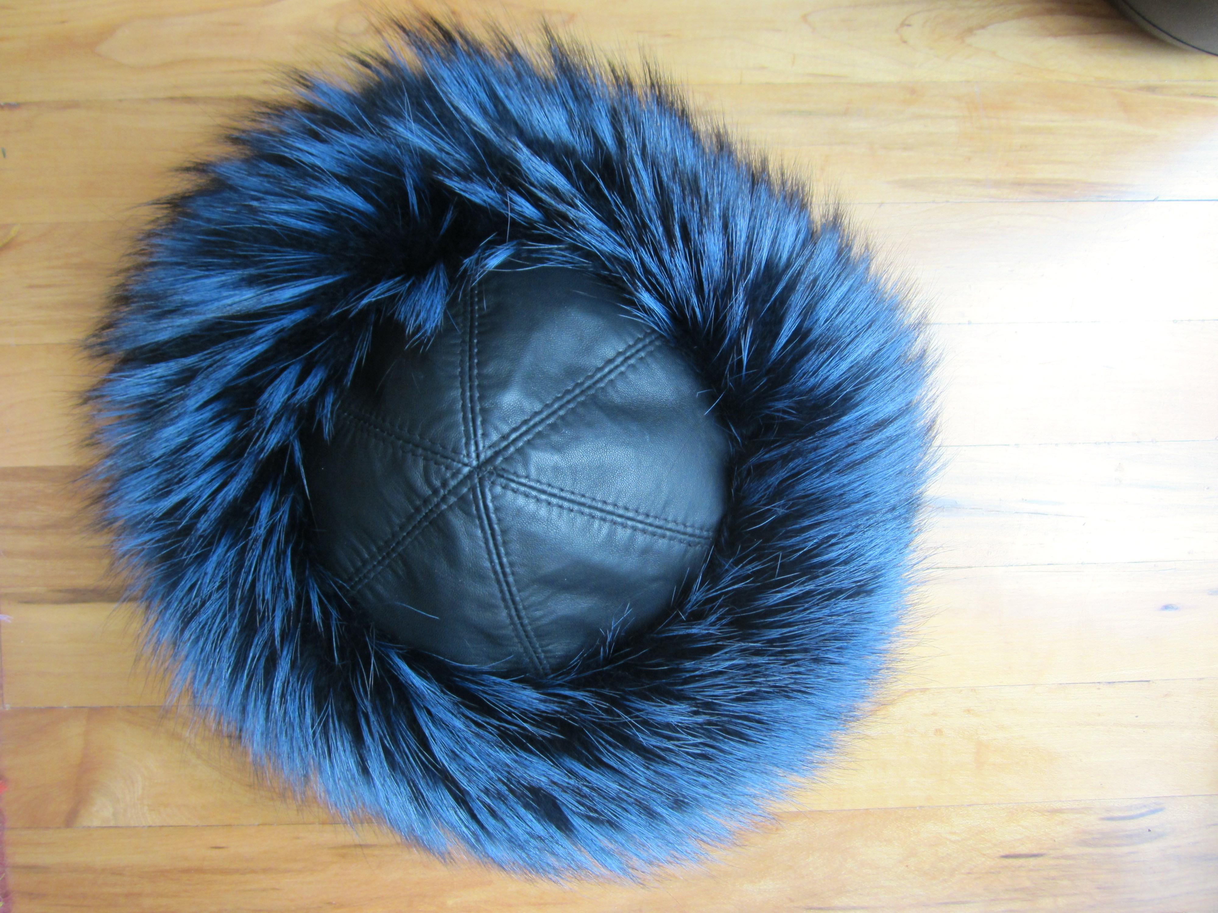Women's or Men's Blue Fox & Leather Hat  Lafuria  For Sale