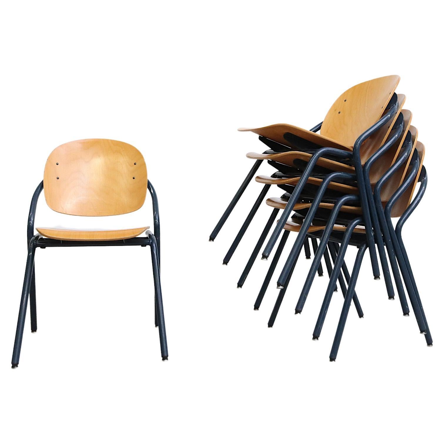 Retro Industrial Stacking School Chairs with Green Enameled Frame at