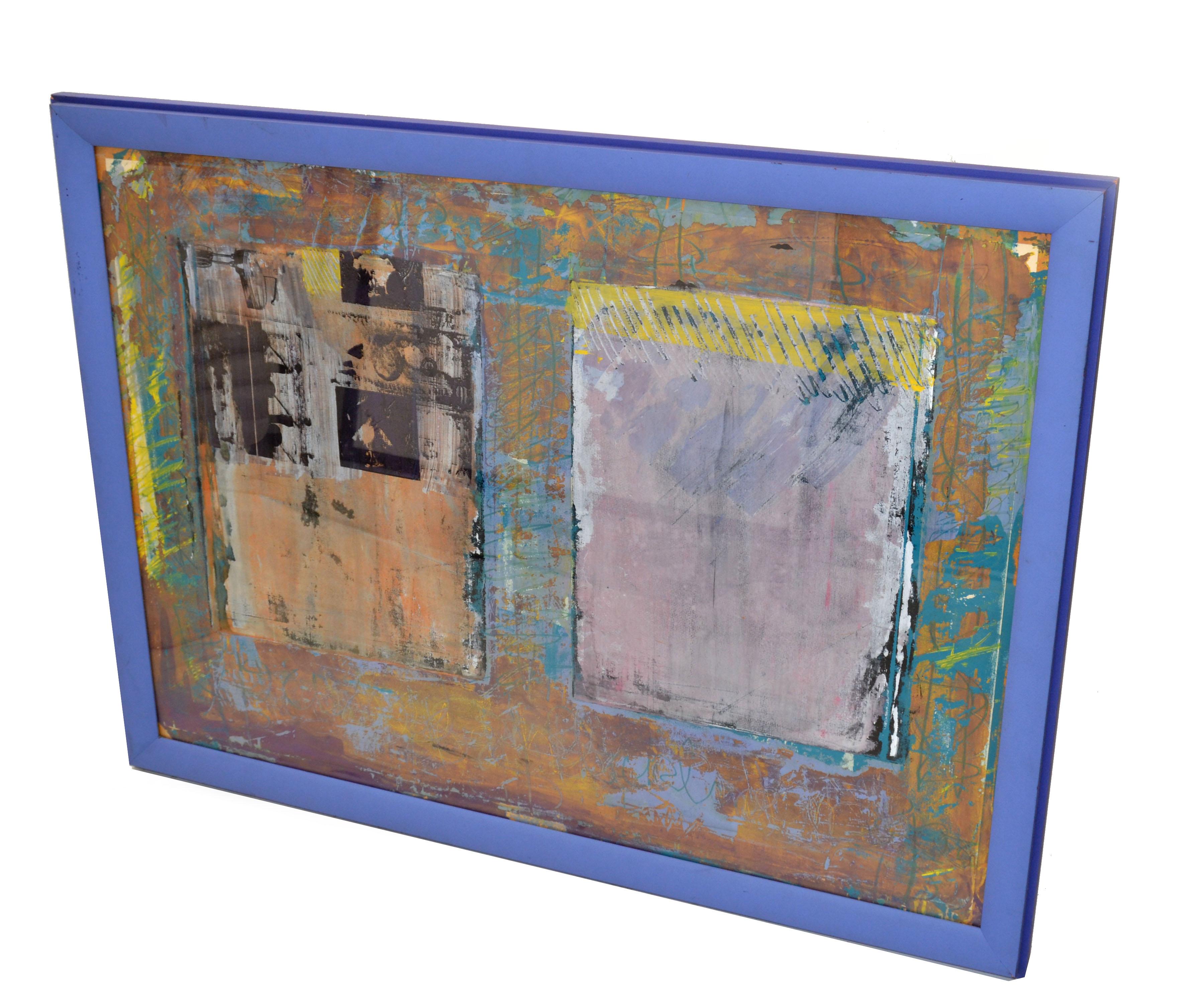 Blau gerahmte abstrakte Pop-Art-Kunst auf Leinwand, Mid-Century Modern, 1980 (Moderne der Mitte des Jahrhunderts) im Angebot